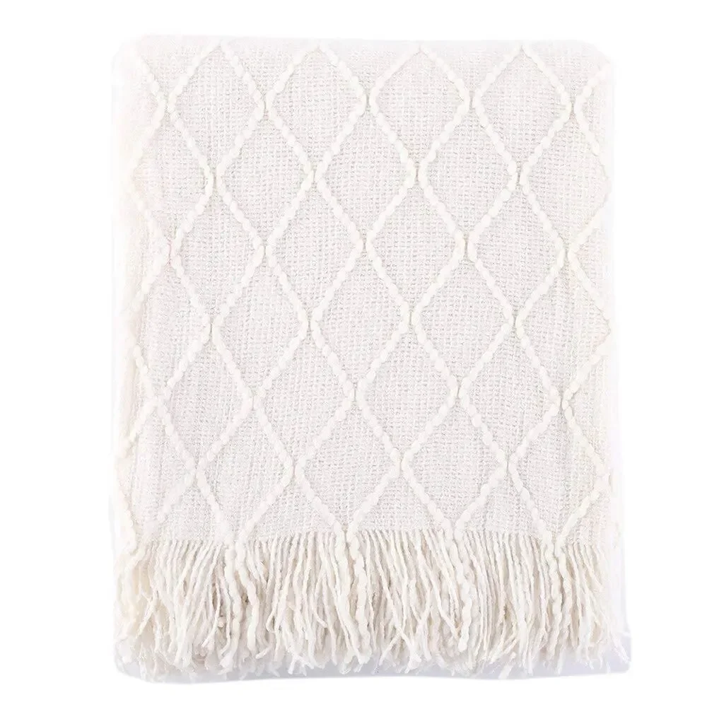 2 BEDSURE TARGET White Ivory Jacquard Weave Knitted Tassel Fringe Blanket Throw